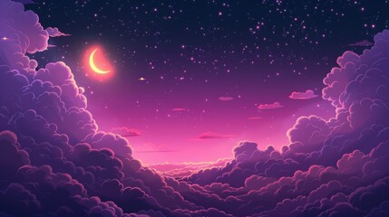 A cartoon night skyscape with fluffy anime clouds and a crescent moon on a background of purple gradient colored cloudy heaven with hazy pink curves, yellow luna, and stars.