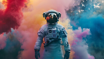Astronaut in space helmet in the middle of colorful smoke