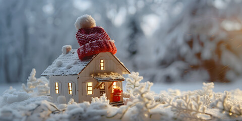 A wintry house model, donning a knitted cap White village cottage home rent on winter  winter heating system concept and cold snowy weather with model of a house wearing a knitted cap.