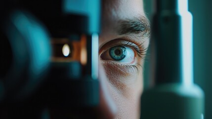 Ophtalmologist visit with close up eye photo of a caucasian man healthcare and sight health optics advertising AI generative