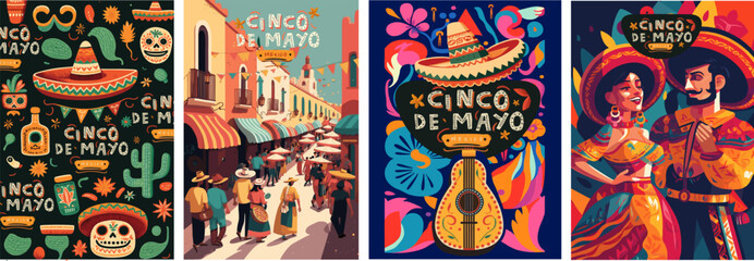 Obraz premium Cinco de Mayo is a Mexican holiday. Vector illustrations of pattern, mexican sombrero hat, mexico city street, couple at festival and spanish guitar for poster, background or greeting card 