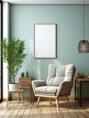 Mockup frame in living room interior. Picture frame mockup on a wall. Artwork template in interior design. 