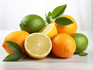 Citrus fruits (orange, lemon, lime). Fresh citrus fruits with leaves on a wooden table. 