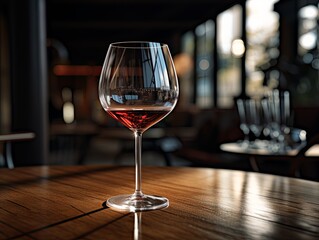 Glass of wine stands on a wooden table. A glass of wine on the background of a restaurant.