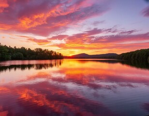 Fototapeta na wymiar An image of a vibrant sunset over a serene lake, with colorful reflections shimmering on the water