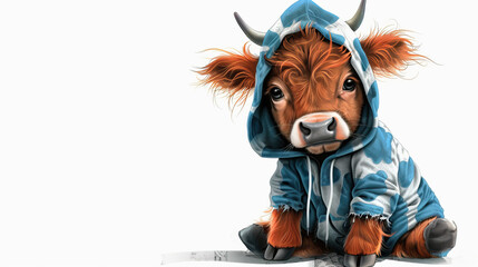 Stylized cartoon brown bull wearing a blue print sweatshirt and friendly behavior, white background, banner, copy space