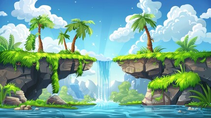 Fantasy flying ground islands set with lush grass, palm trees, rocky cliffs and river streams for UI level jumping. Cartoon modern set.