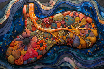 An intricate depiction of the liver's internal structure, showcasing its lobes, veins, and bile ducts in vibrant hues of red, orange, and yellow, against a backdrop of swirling wat