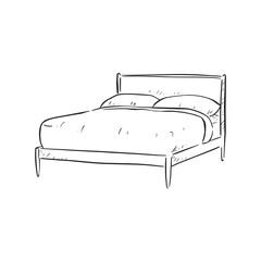 A line drawn illustration of a modern style bed in black and white. Drawn by hand in a sketchy style and vectorised for a variety of uses.