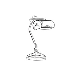 A line drawn illustration of a bankers lamp in black and white. Drawn by hand in a sketchy style and vectorised for a variety of uses.