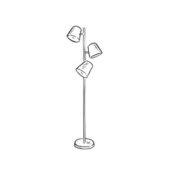 A line drawn illustration of a floor lamp with three shades in black and white. Drawn by hand in a sketchy style and vectorised for a variety of uses.