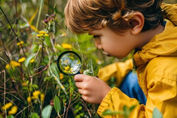 A young boy is looking through a magnifying glass at a flower