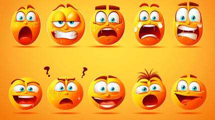 Collection of ten vivid and expressive orange emoticons on a vibrant yellow background.