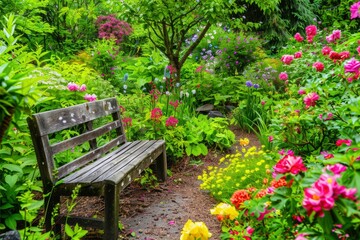 A wooden bench sits in a garden with a path leading to it