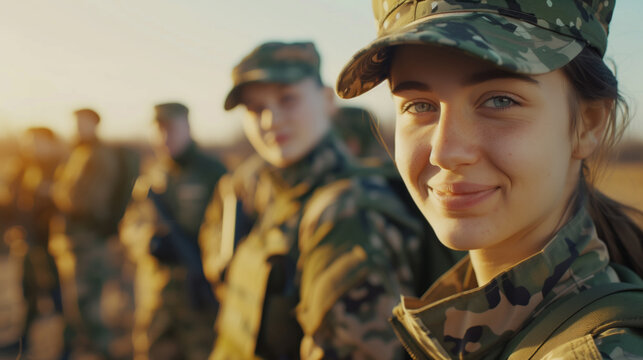 AI Generated Image. Female soldiers outdoors at the training area