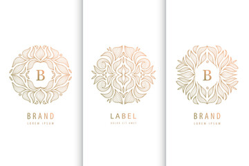 Vector set of floral line luxury logos, leaf design ornament, vintage round organic emblem. Use for spa, jewelry, wine, yoga, etc. Royal badges, elegant oriental motif