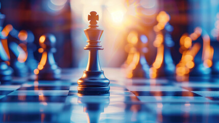 Close-up of a king chess piece on a board with dramatic lighting and other blurred chess pieces in the background.