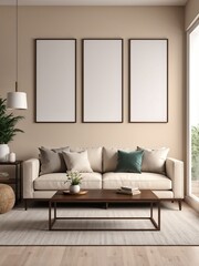 Three mockup frames in living room interior background, home interior mockup, frame mockup