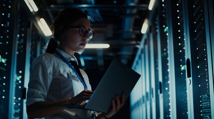 A woman stands in a server room while holding a laptop, focusing on database management.