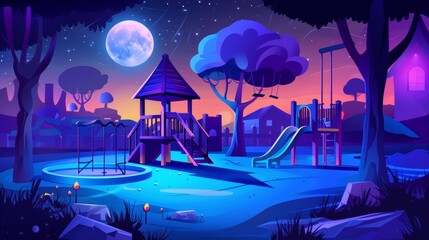 The playground slide and play equipment of the night school playground in the evening. A kindergarten park landscape with a swing and sandbox at full moon midnight. An outdoor place for kids to