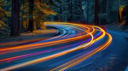 Long exposure photo of a car driving at night on an asphalt road in the middle of a pine forest