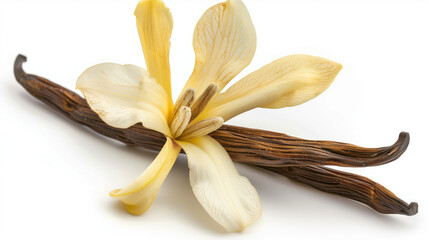 Close-up image of a delicate yellow flower lying on fresh vanilla pods on a white background.