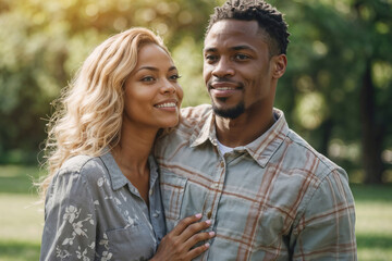 African American man and woman are smiling and hugging each other in a park. Scene is happy and affectionate