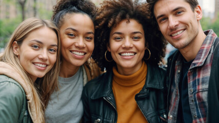 Obraz premium Portrait of four smiling happy multiethnic friends in against a heavily blurred park background