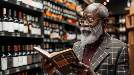 Senior black man reading wine guide in store. Generative AI image