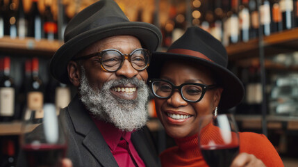 Elderly african couple enjoying wine in a cozy restaurant. Generative AI image