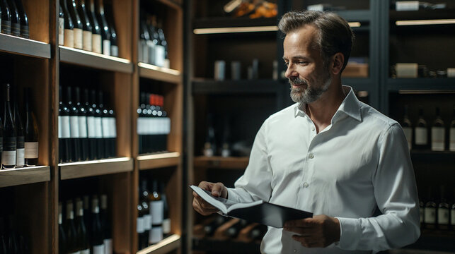 Man managing inventory in a luxurious wine cellar. Generative AI image