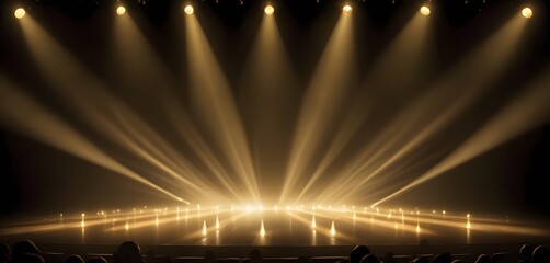 Podium with golden light lamps background. Golden light award stage with rays and sparks