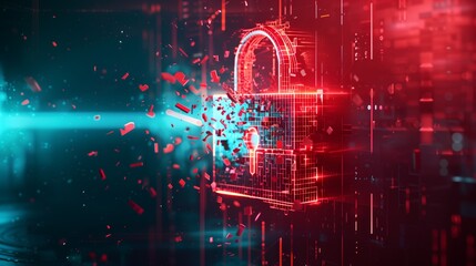 Fototapeta premium A dynamic digital illustration featuring a shattering padlock amidst vibrant red and blue abstract cityscape.