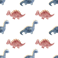 Seamless pattern with hand-drawn dinosaurs in Scandinavian style. Pink and blue. Creative watercolor fashion children's background for fabric, textile