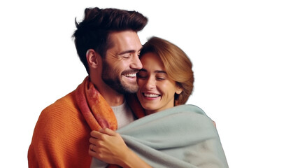 Affectionate couple wrapped in blanket, joyful moment at home