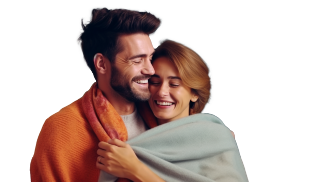 Affectionate couple wrapped in blanket, joyful moment at home - Powered by Adobe