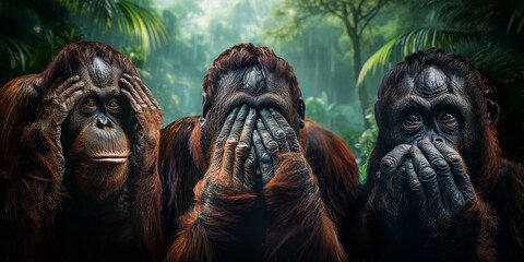 Three Wise Monkeys (Orangutans) - The three wise monkeys are a Japanese pictorial maxim, embodying the proverbial principle "Hear no evil, see no evil, speak no evil".