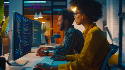 Two individuals are seated at a desk, engrossed in work on their computer monitors.