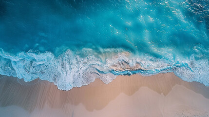 Obraz premium Beach Sand Sea Shore with Blue wave and white foamy summer background,Aerial beach top view overhead seaside.
