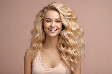 Portrait of a beautiful young woman with wavy blonde hair on a color background