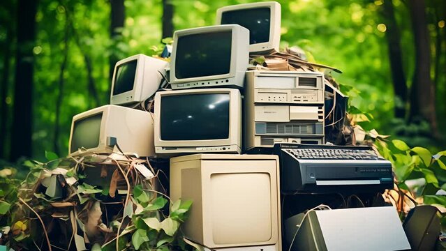 Electronic waste waiting for disposal. Abandoned broken computer, Stack of disused computer printers to be scrapped or recycled. Environmental concept	