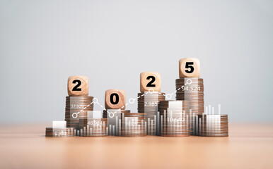 2025 Year on the top of coins stacking for financial plan in new year include budget tax investment...