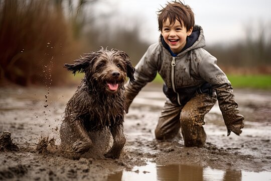 Boy playing with his dog in the mud
