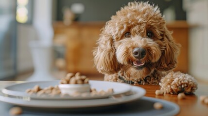 Labradoodle has a happy expression on his face. About to eat. pet food business.
