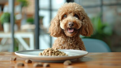 Labradoodle has a happy expression on his face. About to eat. pet food business.