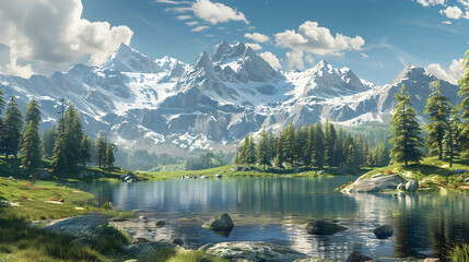 a mountain range with snowcapped peaks and alpine meadows in the foreground. A large lake surrounded by pine trees