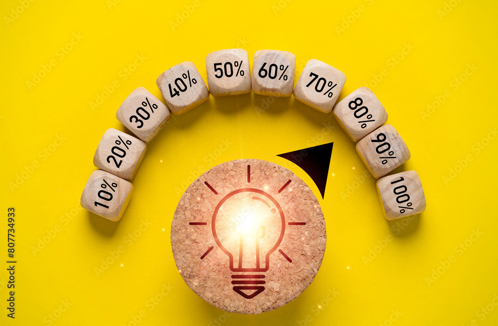 Poster glowing light bulb drawing on level indicator rating button with percentage for creative thinking an