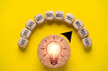 Glowing light bulb drawing on level indicator rating button with percentage for creative thinking...