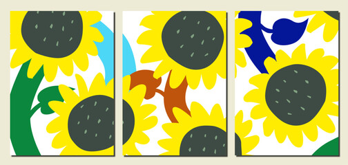A series of three yellow sunflower vector design for wall deco and frame, each color can be easily changed.
