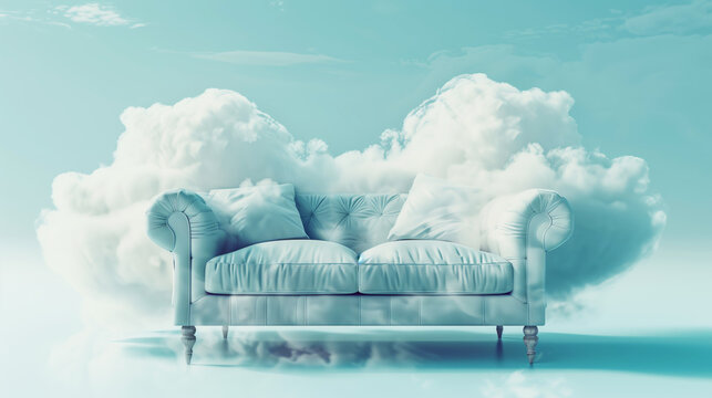 Elegant blue Chesterfield sofa floating on fluffy white clouds in a serene sky-blue background.